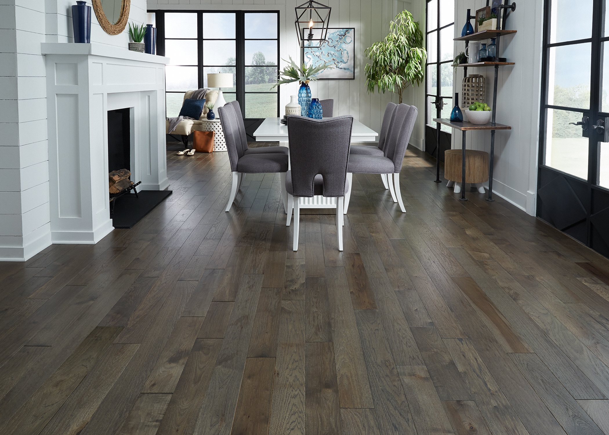 Bellawood Bristol Tavern Hickory Solid Hardwood Flooring in dining room with fireplace