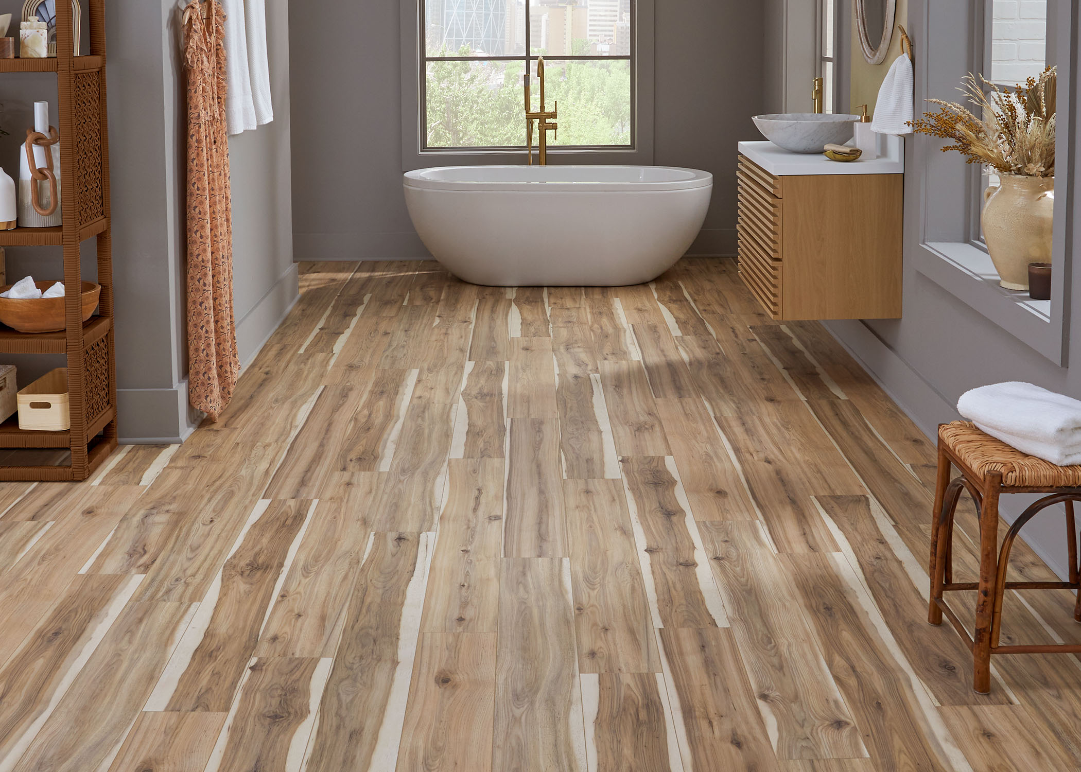 ReNature by CoreLuxe 5mm w/pad Royal Hampton Hickory Waterproof Rigid Vinyl Plank Flooring in bathroom
